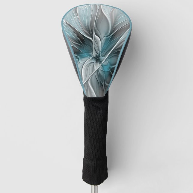 Floral Fractal Modern Abstract Flower Blue Grey Golf Head Cover (Front)