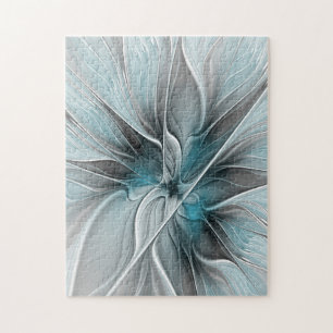 Floral Fractal Modern Abstract Flower Blue Grey Jigsaw Puzzle