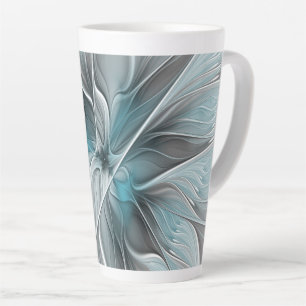 Floral Fractal Modern Abstract Flower Blue Grey Latte Mug