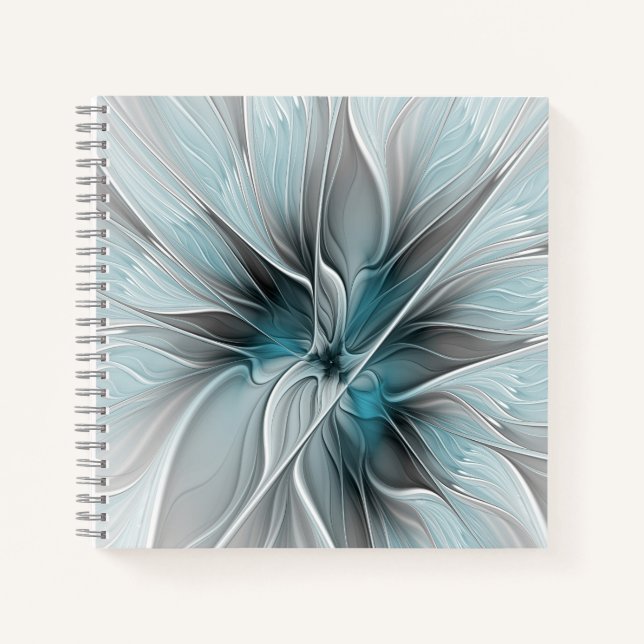 Floral Fractal Modern Abstract Flower Blue Grey Notebook (Front)