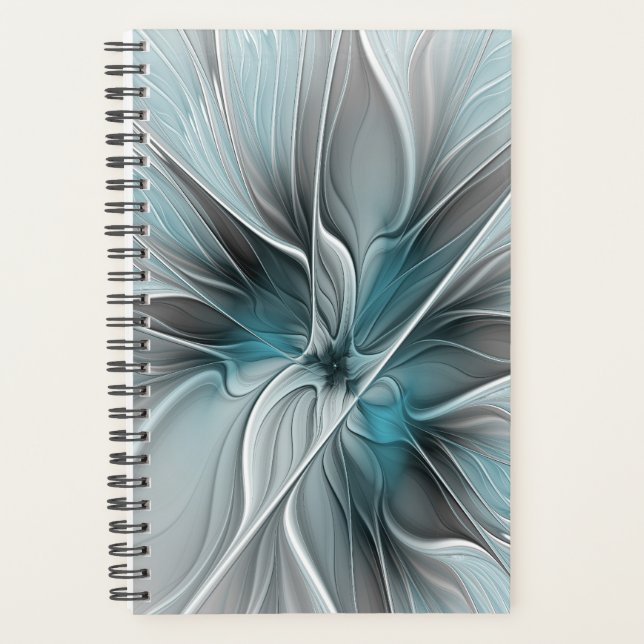 Floral Fractal Modern Abstract Flower Blue Grey Planner (Front)