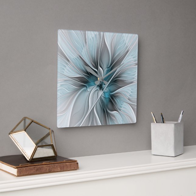 Floral Fractal Modern Abstract Flower Blue Grey Square Wall Clock (Office)
