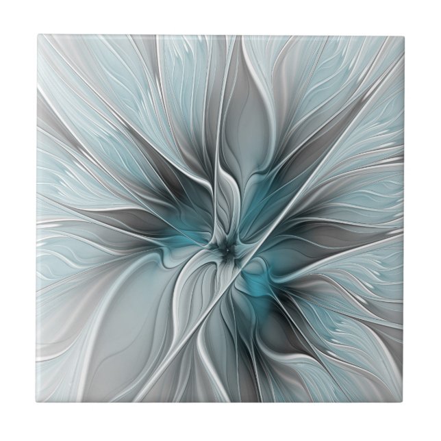 Floral Fractal Modern Abstract Flower Blue Grey Tile (Front)