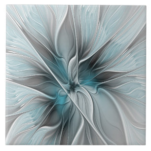 Floral Fractal Modern Abstract Flower Blue Grey Tile