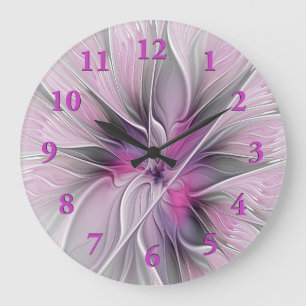 Floral Fractal Modern Abstract Flower Pink Gray Large Clock