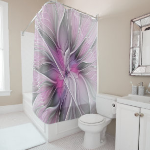 Floral Fractal Modern Abstract Flower Pink Gray Shower Curtain