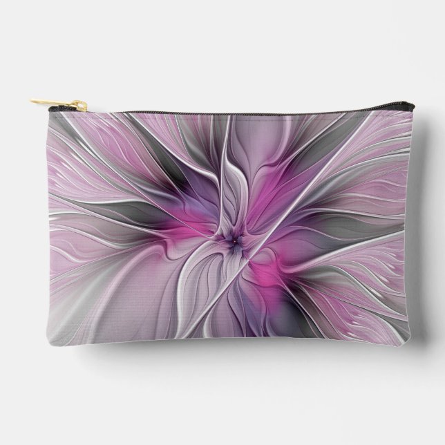 Floral Fractal Modern Abstract Flower Pink Grey Accessory Pouch (Front)