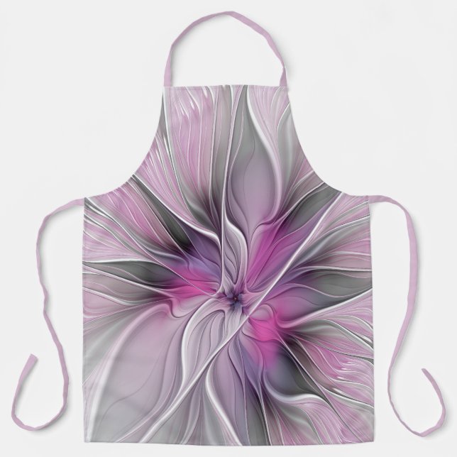 Floral Fractal Modern Abstract Flower Pink Grey Apron (Front)