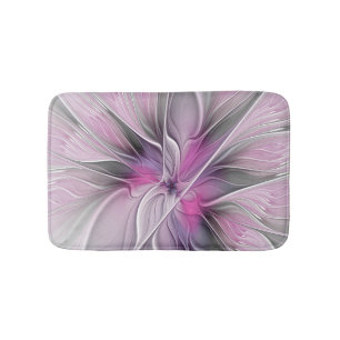 Floral Fractal Modern Abstract Flower Pink Grey Bath Mat