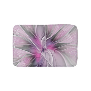 Floral Fractal Modern Abstract Flower Pink Grey Bath Mat