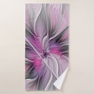 Floral Fractal Modern Abstract Flower Pink Grey Bath Towel
