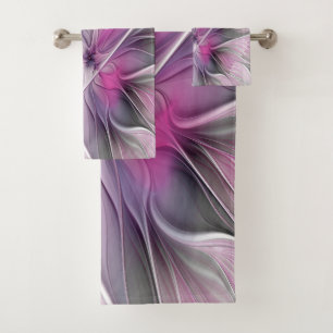 Floral Fractal Modern Abstract Flower Pink Grey Bath Towel Set