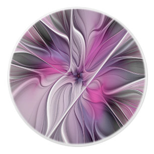 Floral Fractal Modern Abstract Flower Pink Grey Ceramic Knob