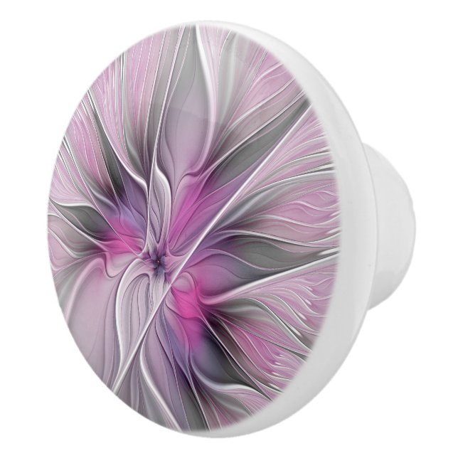 Floral Fractal Modern Abstract Flower Pink Grey Ceramic Knob (Right)