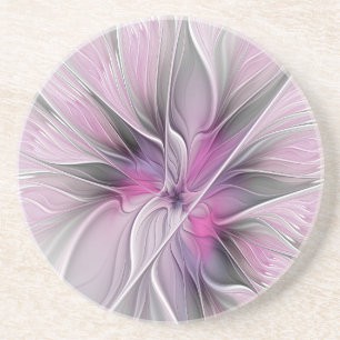 Floral Fractal Modern Abstract Flower Pink Grey Coaster