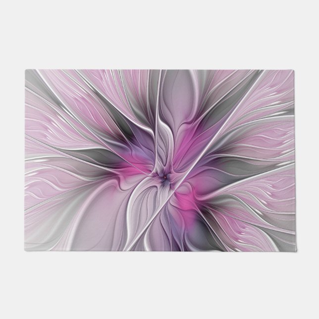Floral Fractal Modern Abstract Flower Pink Grey Doormat (Front)