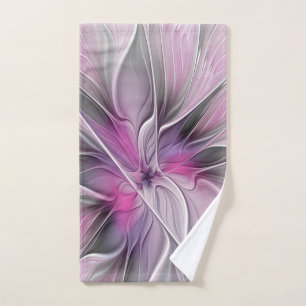 Floral Fractal Modern Abstract Flower Pink Grey Hand Towel