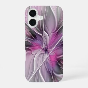 Floral Fractal Modern Abstract Flower Pink Grey iPhone 16 Case