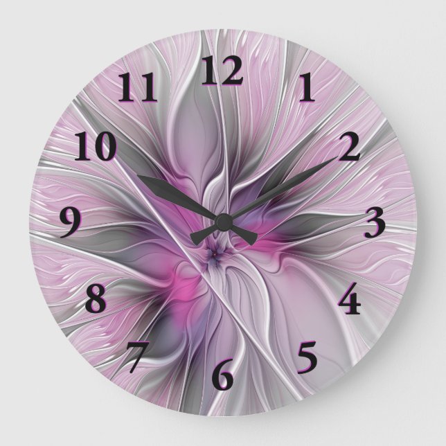 Floral Fractal Modern Abstract Flower Pink Grey Large Clock (Front)