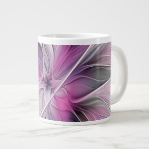 Floral Fractal Modern Abstract Flower Pink Grey Large Coffee Mug