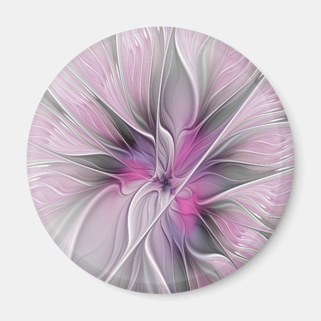 Floral Fractal Modern Abstract Flower Pink Grey Magnet (Front)