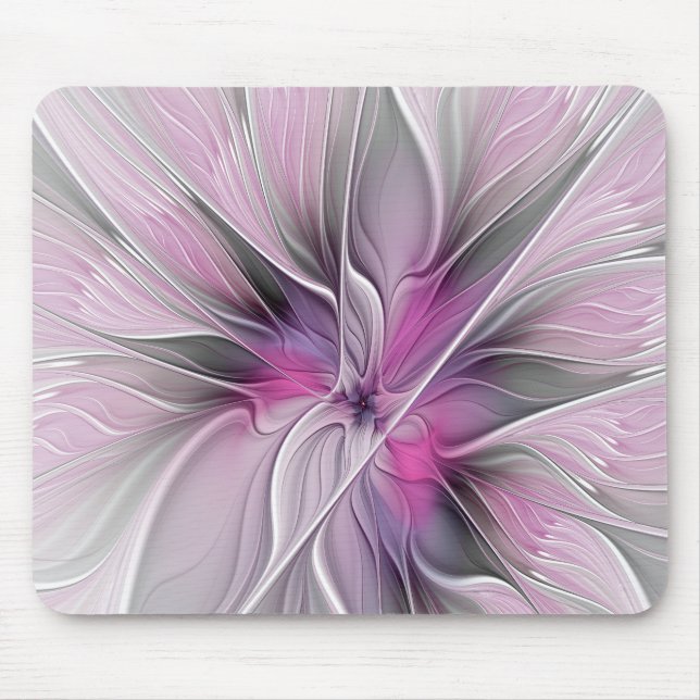 Floral Fractal Modern Abstract Flower Pink Grey Mouse Pad (Front)