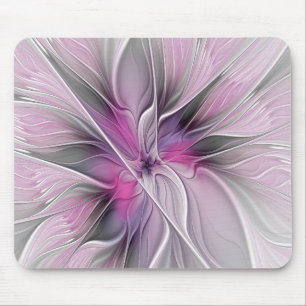 Floral Fractal Modern Abstract Flower Pink Grey Mouse Pad