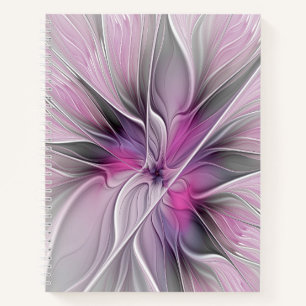 Floral Fractal Modern Abstract Flower Pink Grey Notebook