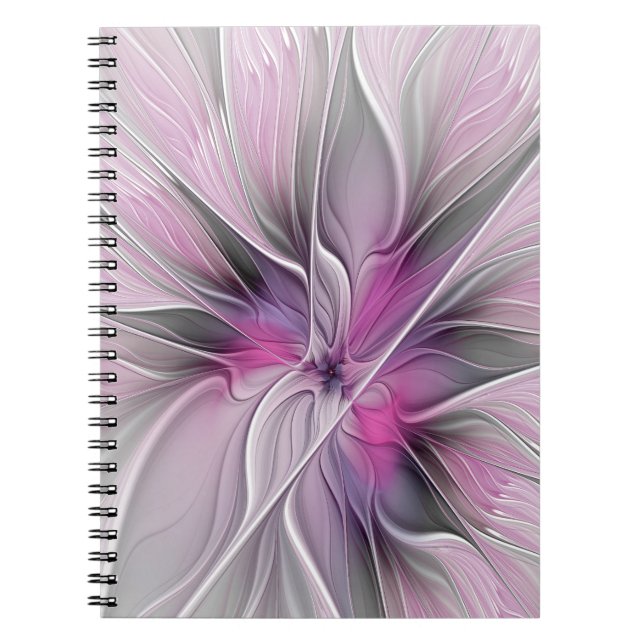 Floral Fractal Modern Abstract Flower Pink Grey Notebook (Front)