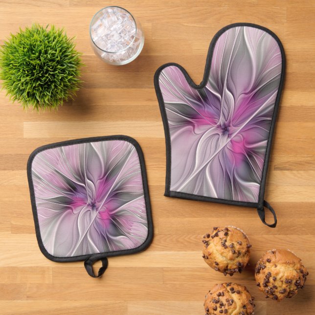 Floral Fractal Modern Abstract Flower Pink Grey Oven Mitt & Pot Holder Set (Top Down)
