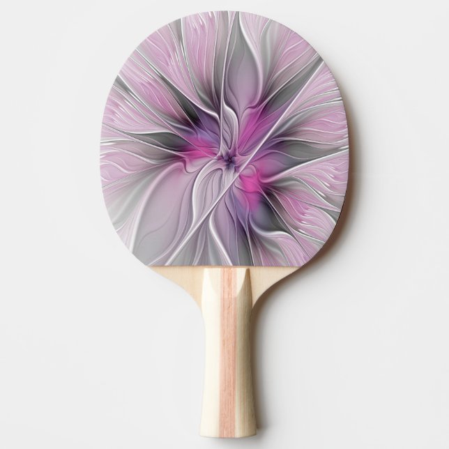 Floral Fractal Modern Abstract Flower Pink Grey Ping Pong Paddle (Front)