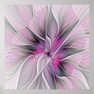 Floral Fractal Modern Abstract Flower Pink Grey Poster