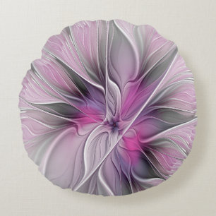 Floral Fractal Modern Abstract Flower Pink Grey Round Cushion