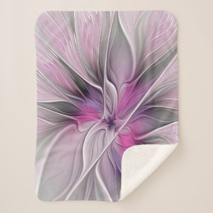 Floral Fractal Modern Abstract Flower Pink Grey Sherpa Blanket