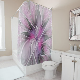 Floral Fractal Modern Abstract Flower Pink Grey Shower Curtain