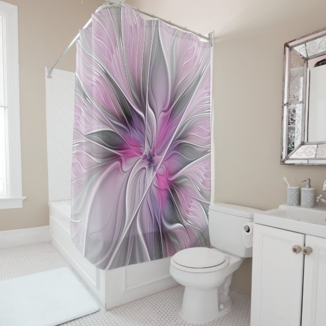 Floral Fractal Modern Abstract Flower Pink Grey Shower Curtain (In Situ)