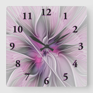 Floral Fractal Modern Abstract Flower Pink Grey Square Wall Clock