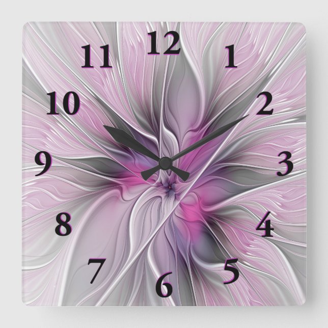 Floral Fractal Modern Abstract Flower Pink Grey Square Wall Clock (Front)