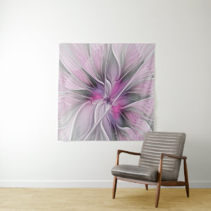 Floral Fractal Modern Abstract Flower Pink Grey Tapestry