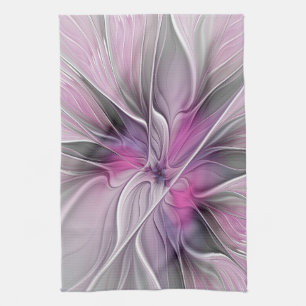 Floral Fractal Modern Abstract Flower Pink Grey Tea Towel