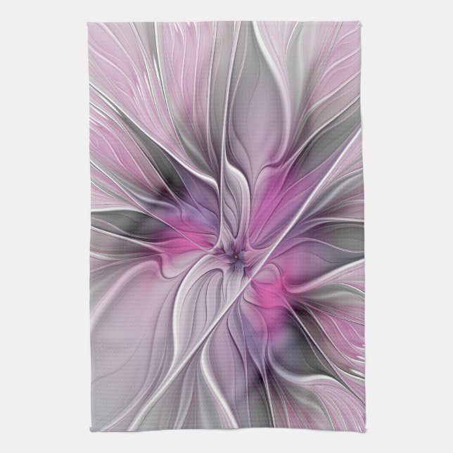 Floral Fractal Modern Abstract Flower Pink Grey Tea Towel (Vertical)