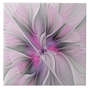 Floral Fractal Modern Abstract Flower Pink Grey Tile