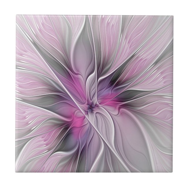 Floral Fractal Modern Abstract Flower Pink Grey Tile (Front)