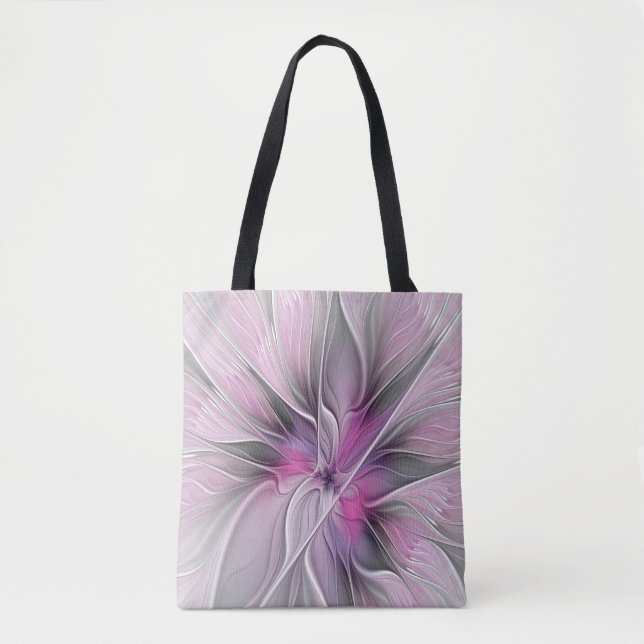Floral Fractal Modern Abstract Flower Pink Grey Tote Bag (Front)