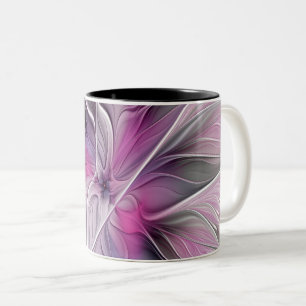 Floral Fractal Modern Abstract Flower Pink Grey Two-Tone Coffee Mug