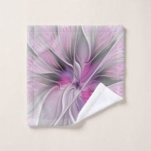 Floral Fractal Modern Abstract Flower Pink Grey Wash Cloth