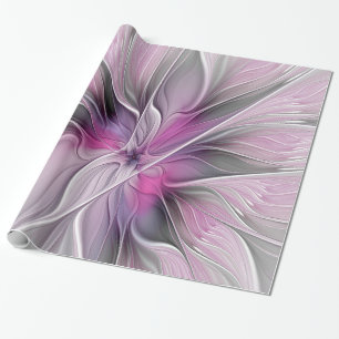 Floral Fractal Modern Abstract Flower Pink Grey Wrapping Paper