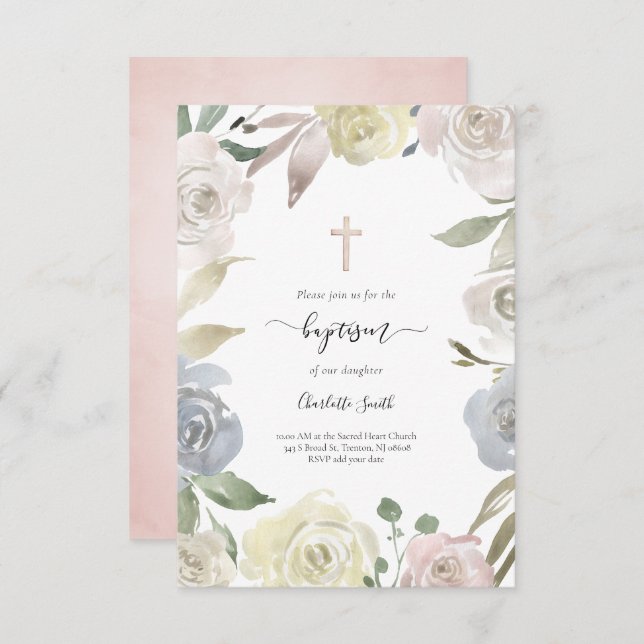 floral frame Baptism baby girl Invitation (Front/Back)