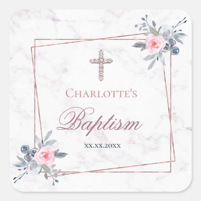 floral frame Baptism girl Square Sticker (Front)