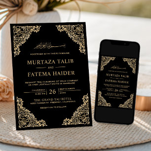 Floral Frame Black and Gold Islamic Muslim Wedding Invitation